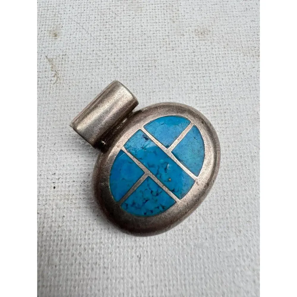 Vintage Sterling Silver Crushed Blue Stone Inlay Pendant - 13 grams